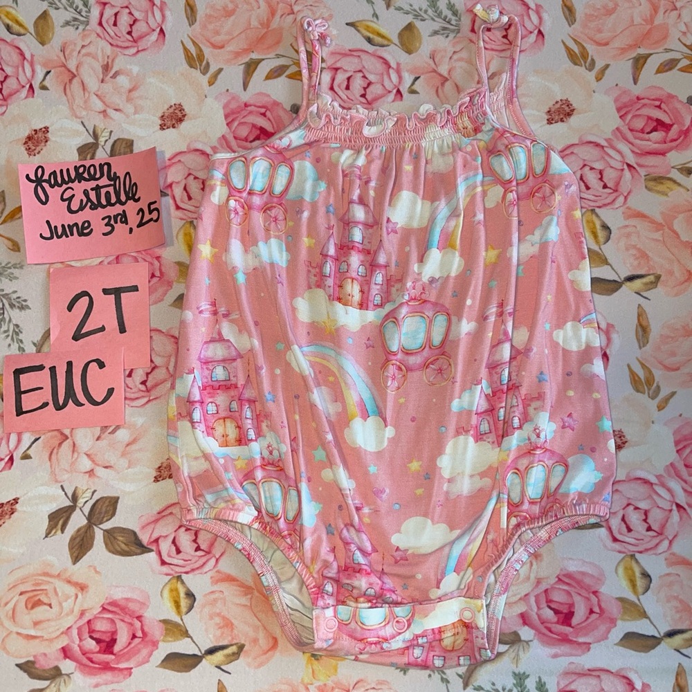 Girls 2T Posh Peanut OG Pink Princess Castle Rainbow bamboo Bubble romper